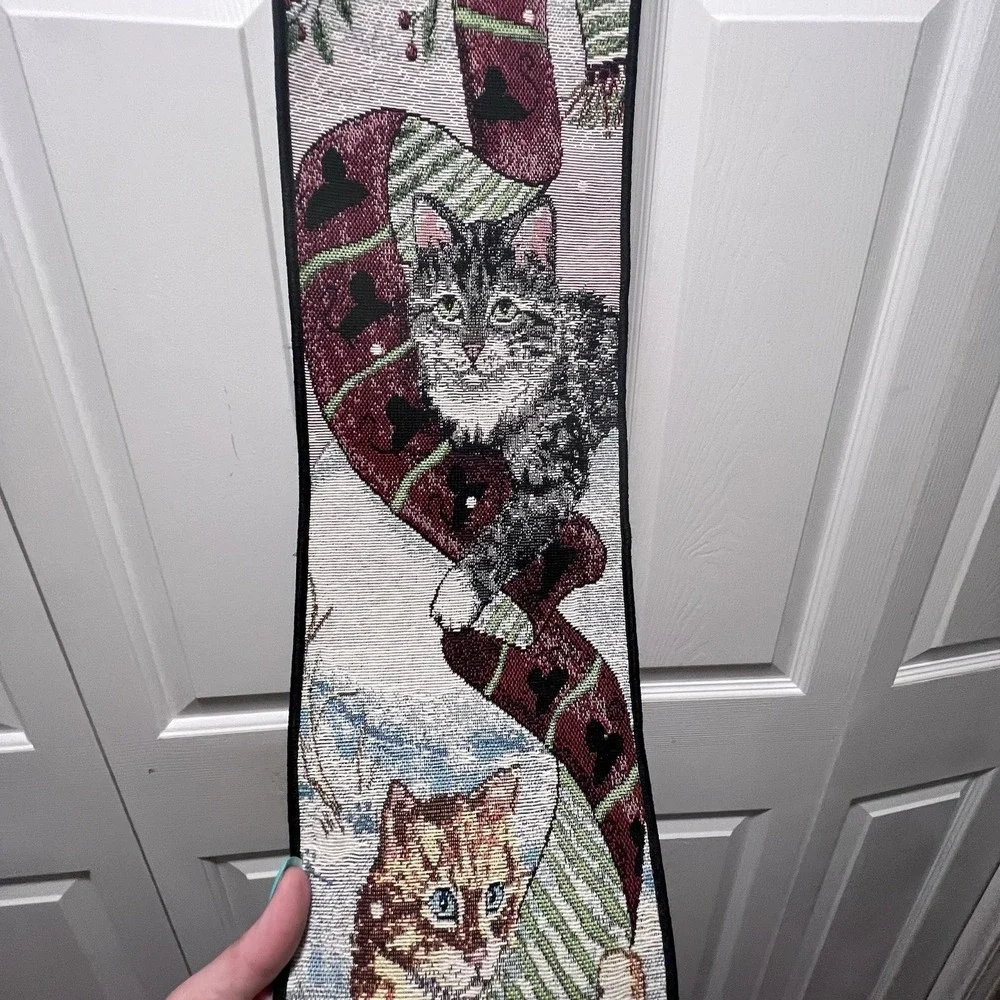Paws For Christmas Cat & Chickadee Hanging Tapestry Bell Pull 6.25